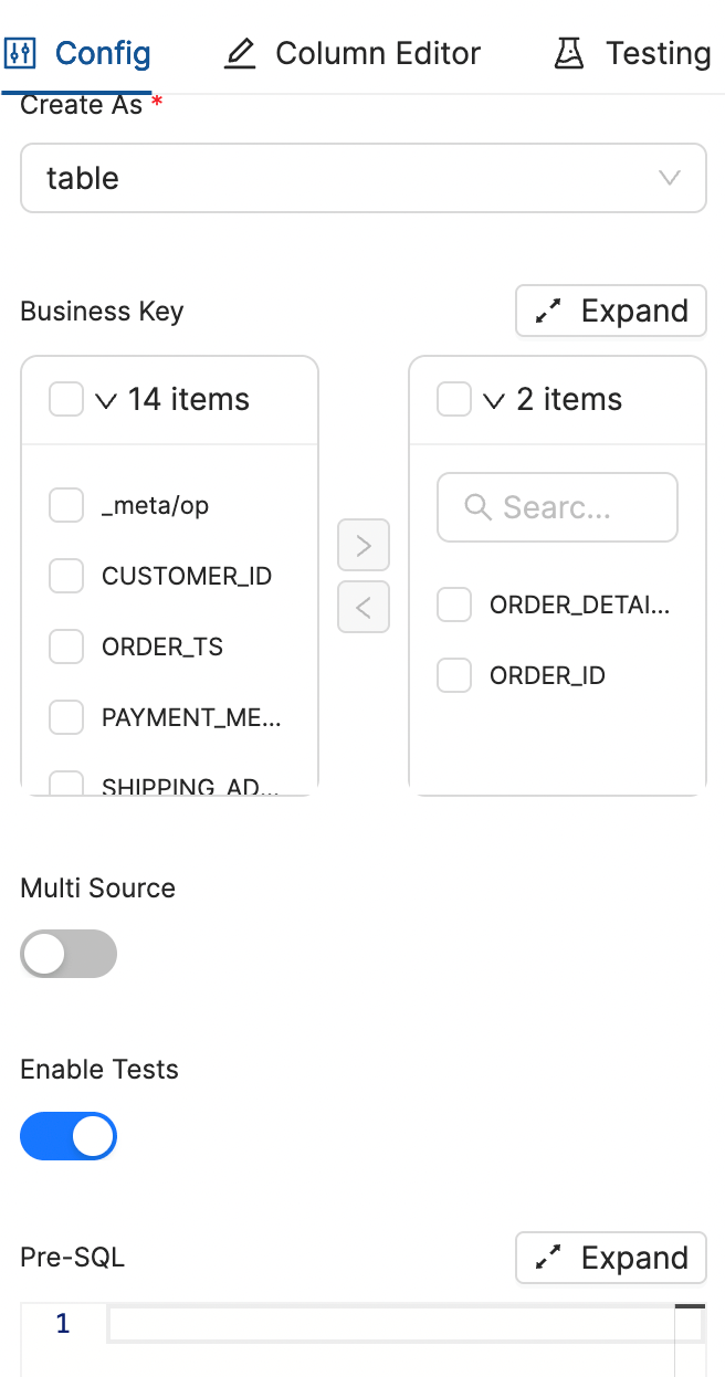 Business key and test settings configured in a Coalesce table node.png