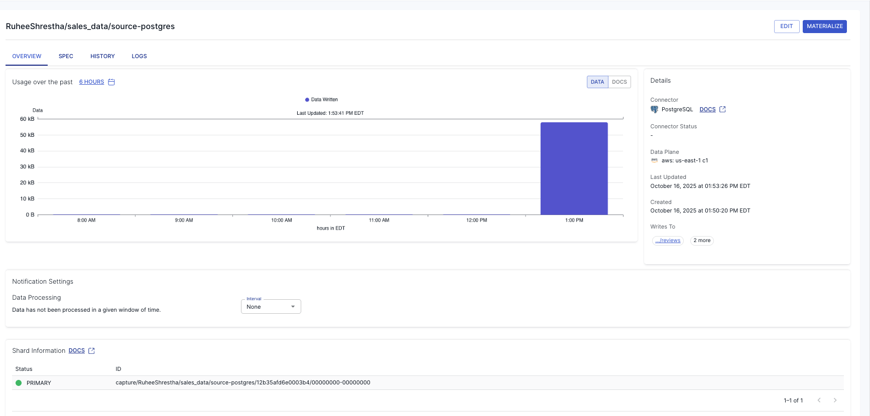 Estuary capture dashboard for PostgreSQL with usage and connector details.png