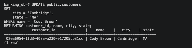 Updating a PostgreSQL customer record to test CDC