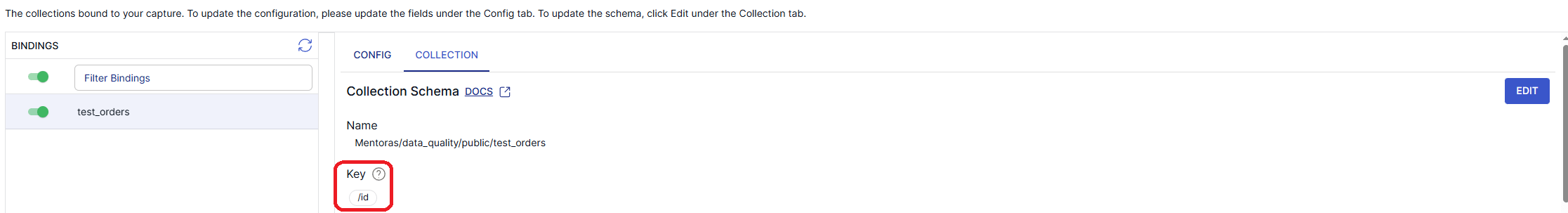 A screenshot of the Estuary UI with a red box highlighting where to set up a collection key.