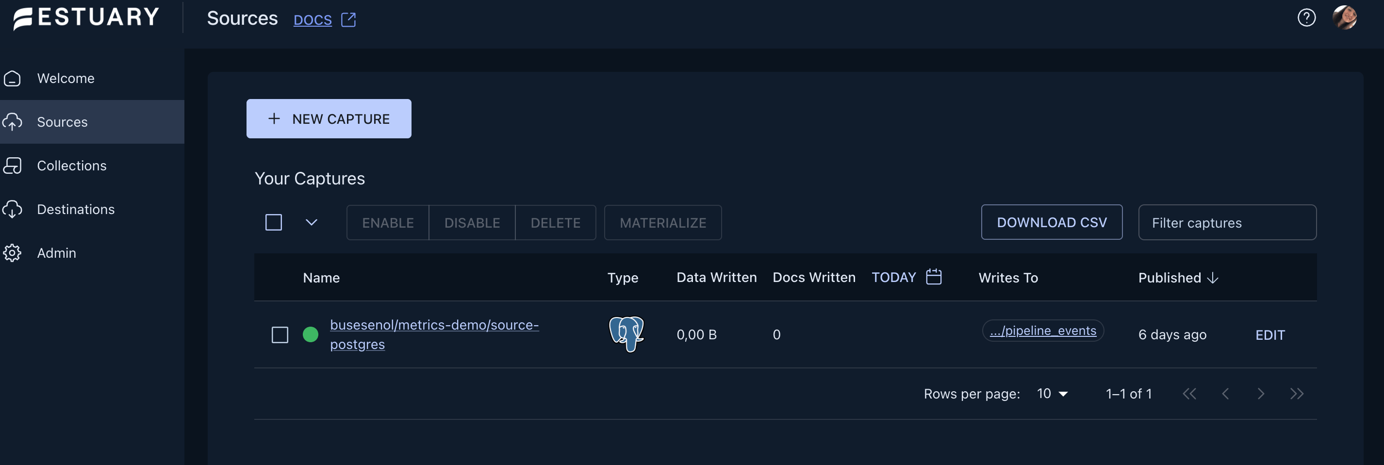 Estuary "Create Capture" showing PostgreSQL connector configuration. A green circle appears next to the name of the capture, indicating it is completed.
