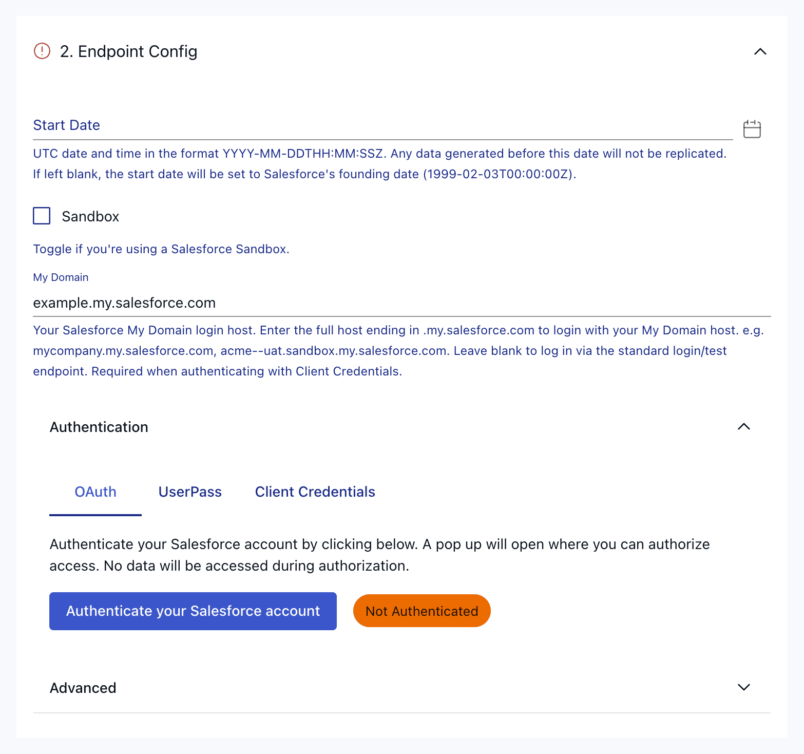 Salesforce capture form with OAuth selected, My Domain, Sandbox and Start Date.