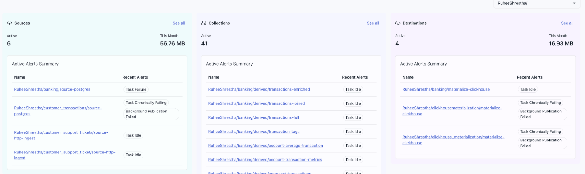 Active alerts summary in the Estuary dashboard