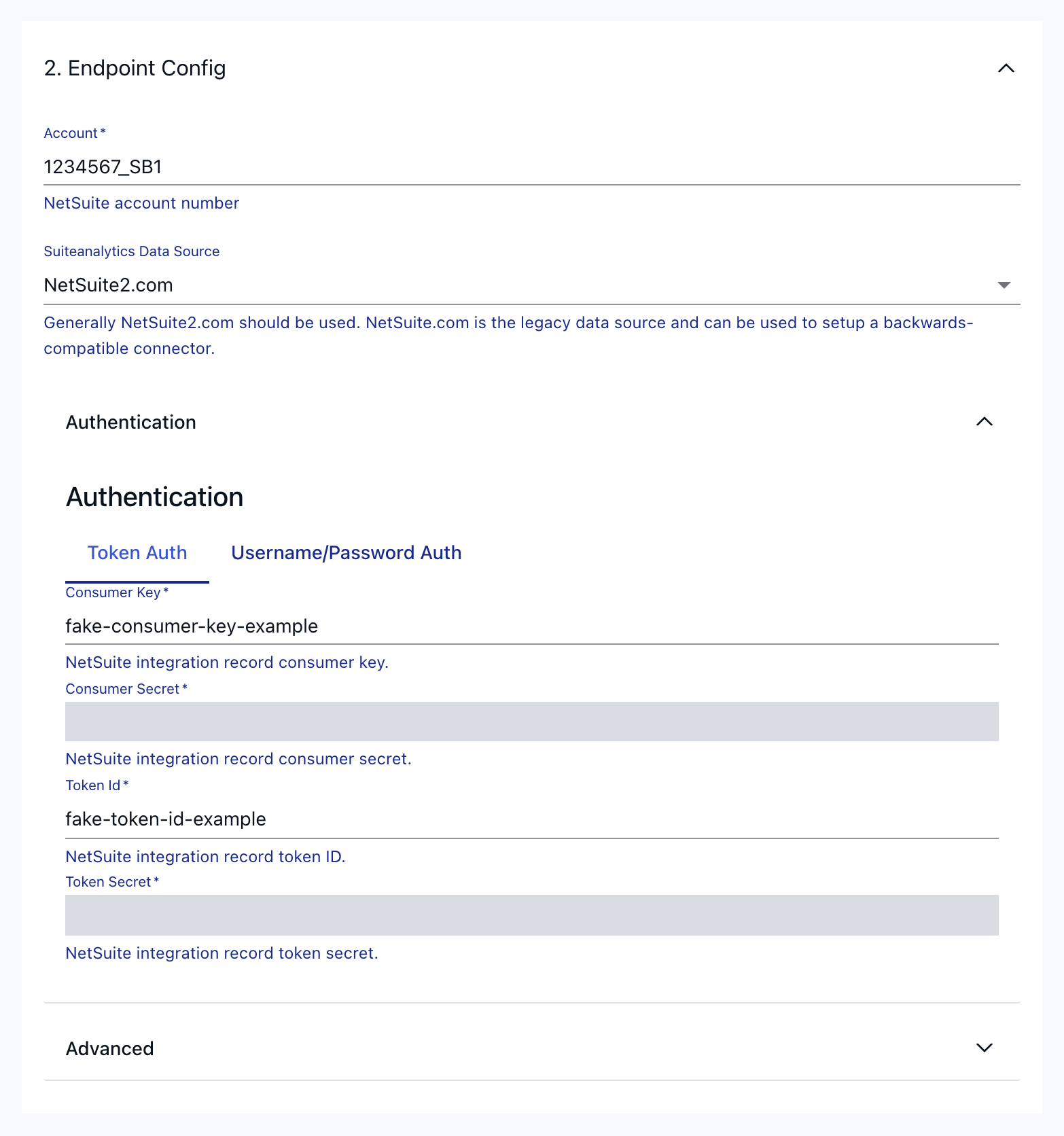 NetSuite SuiteAnalytics Connect capture form with Token Auth selected and secrets redacted.