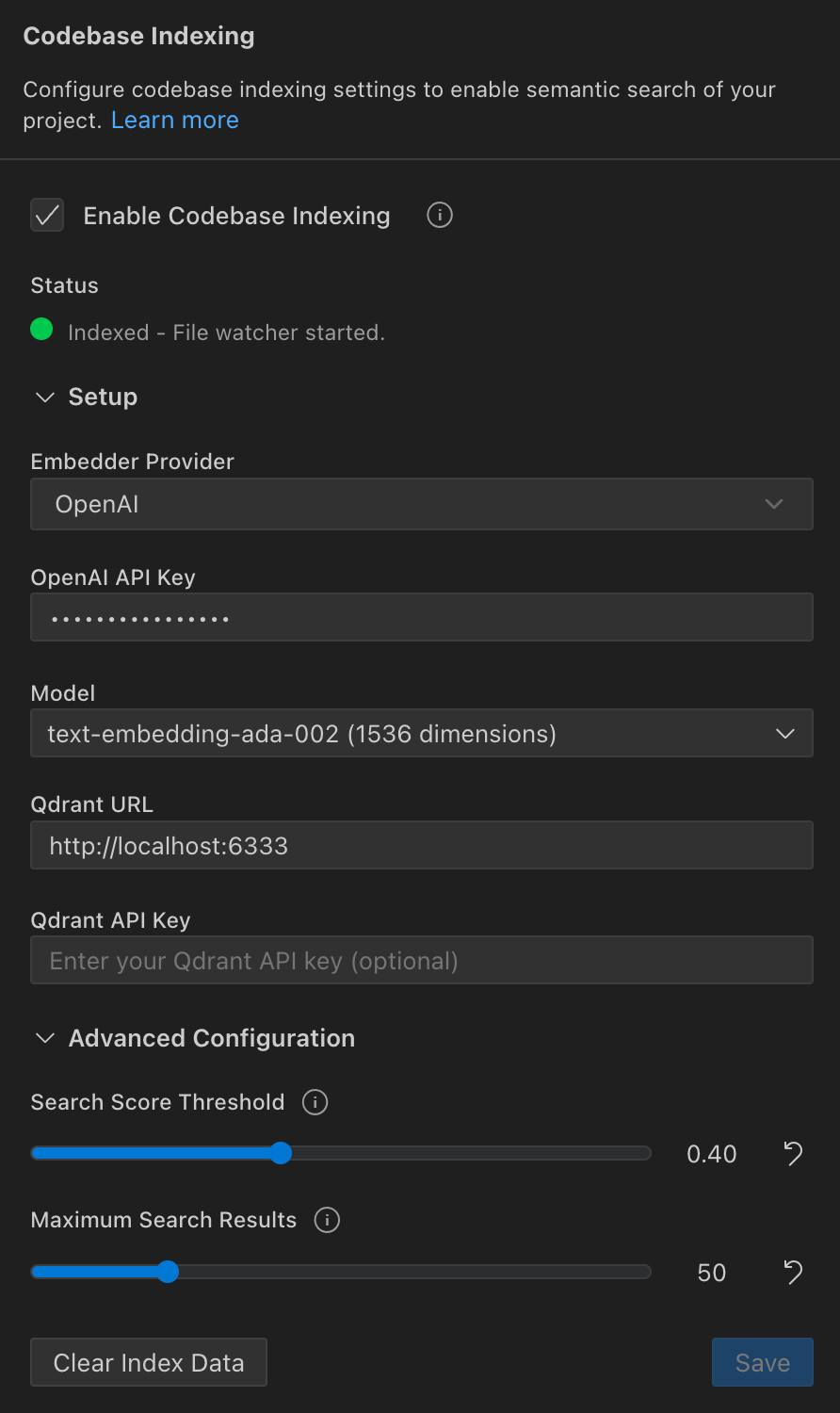 Roo codebase indexing configuration