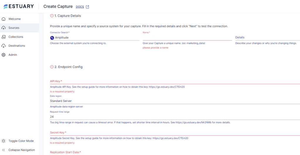 Amplitude to Postgres - Amplitude Connctor Settings