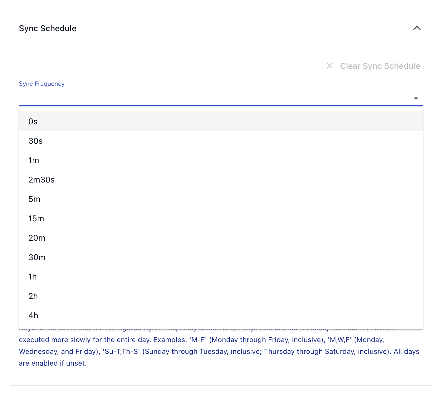 Snowflake Sync Schedule section with the Sync Frequency dropdown open.