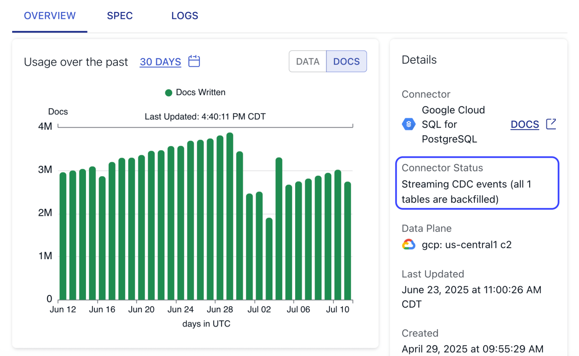Capture details page, including the connector backfill status