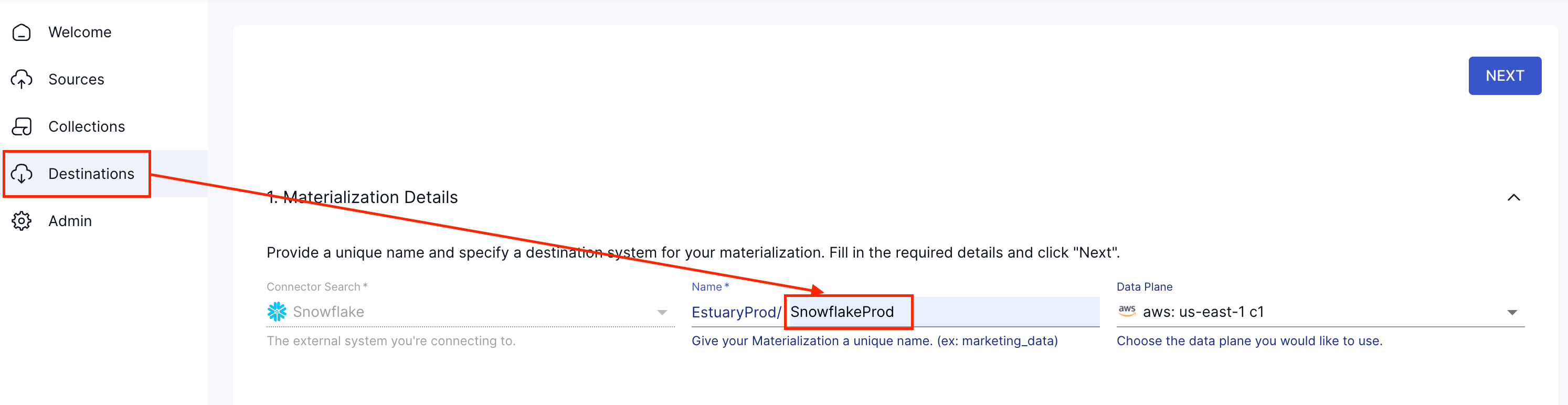 Snowflake destination configuration in Estuary for schema-aware materialization.