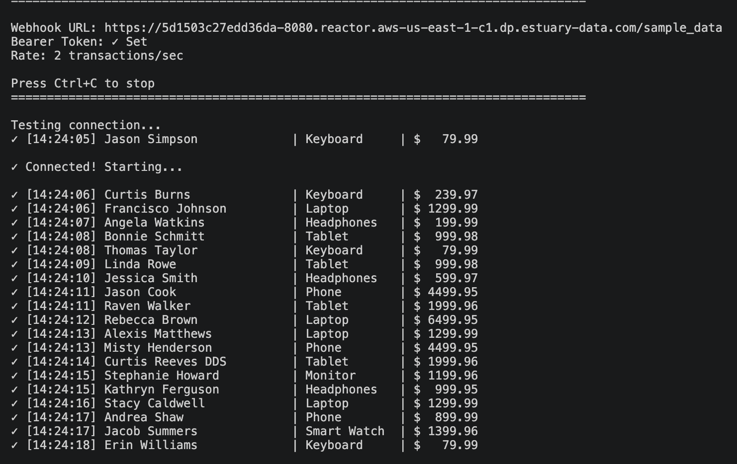 Python producer sending webhook events to Estuary