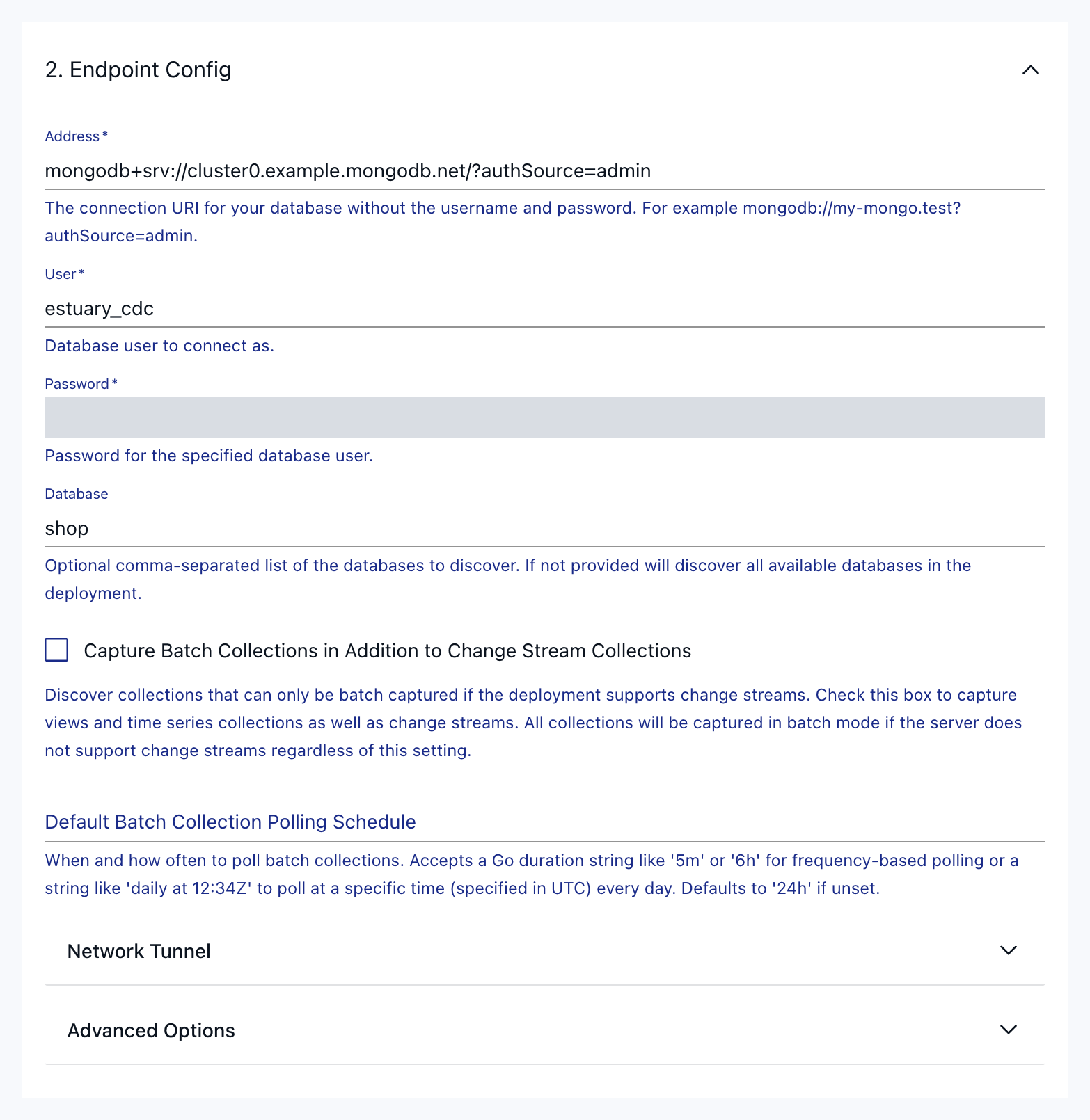 MongoDB capture form with Address, User, Password (masked) and Database filled in.