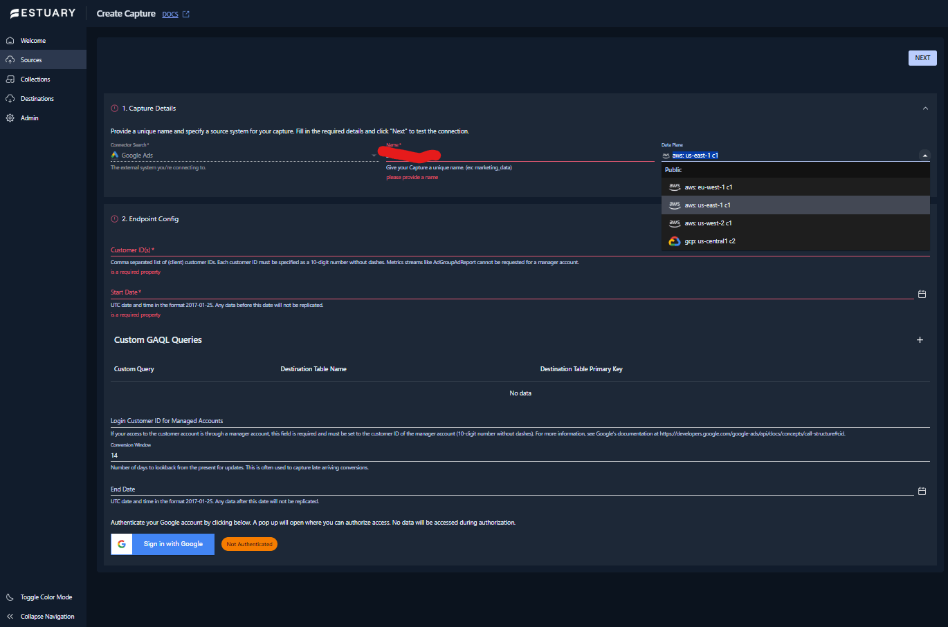 Google Ads configuration details to capture data from Google Ads