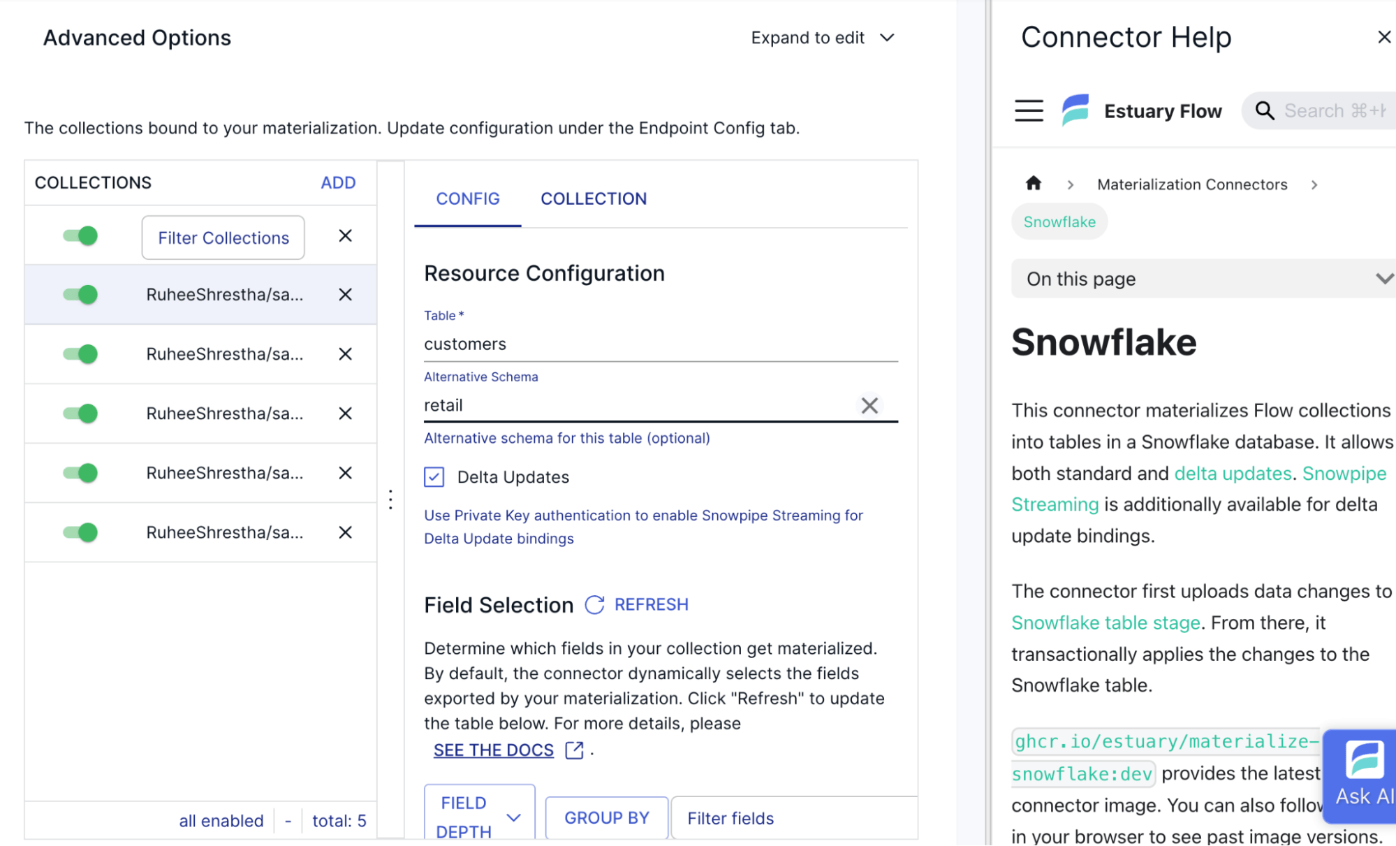 Snowflake materialization configuration in Estuary with delta updates enabled.png