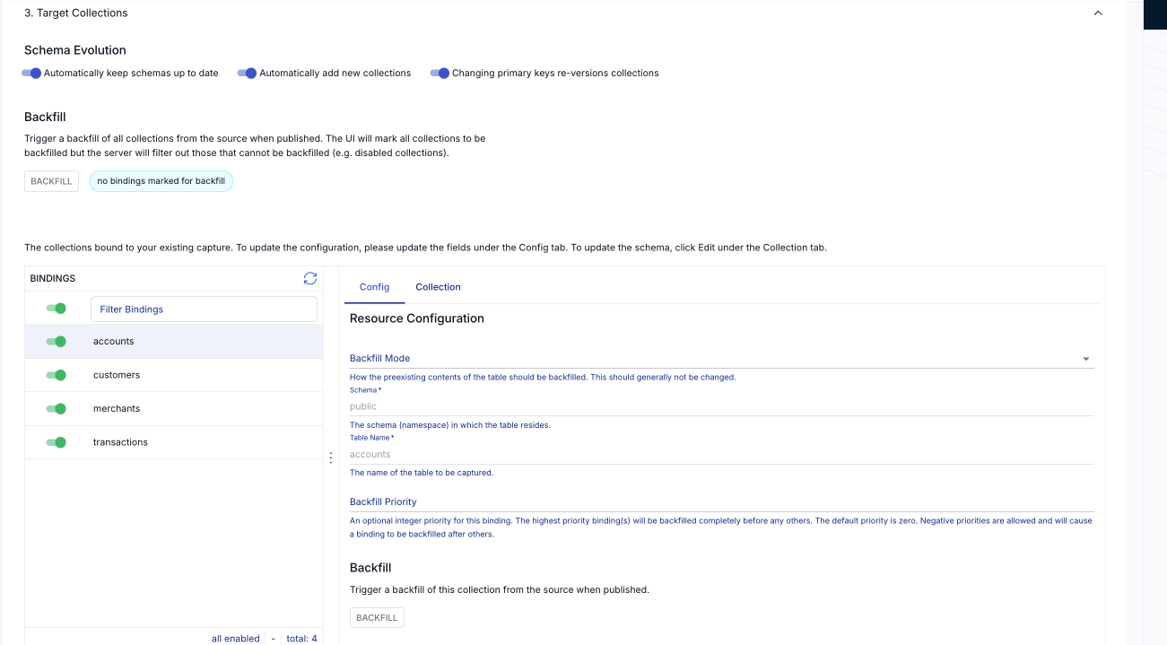 Estuary target collections for PostgreSQL banking tables