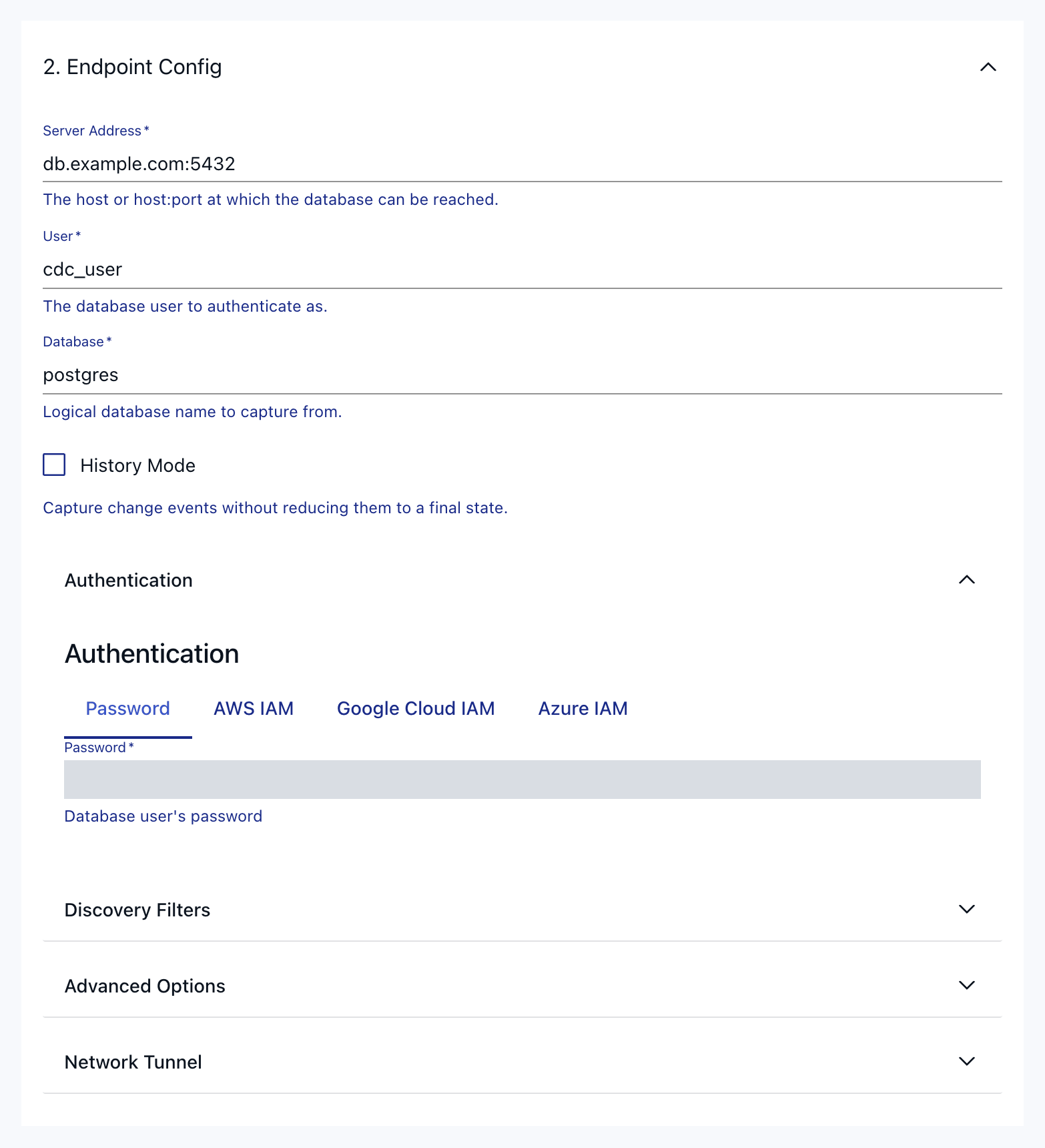 PostgreSQL capture form with Server Address, User, Database and Password filled in.