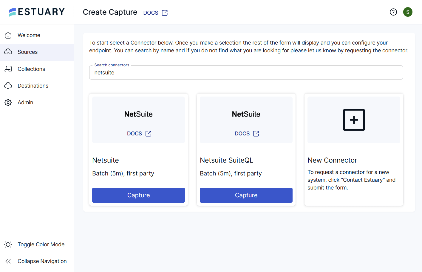 Pre-built NetSuite capture connectors in Estuary