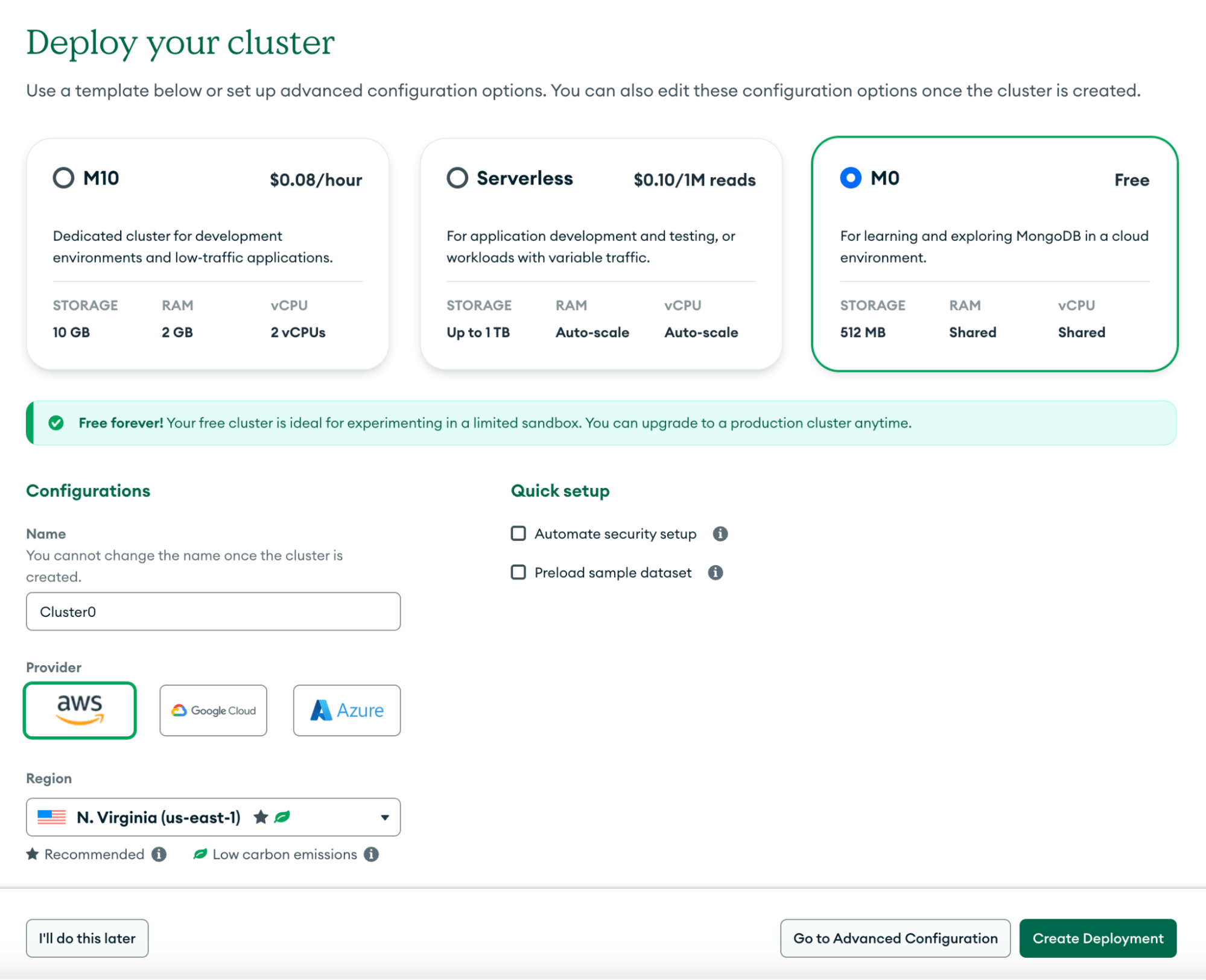 Create MongoDB Atlas cluster