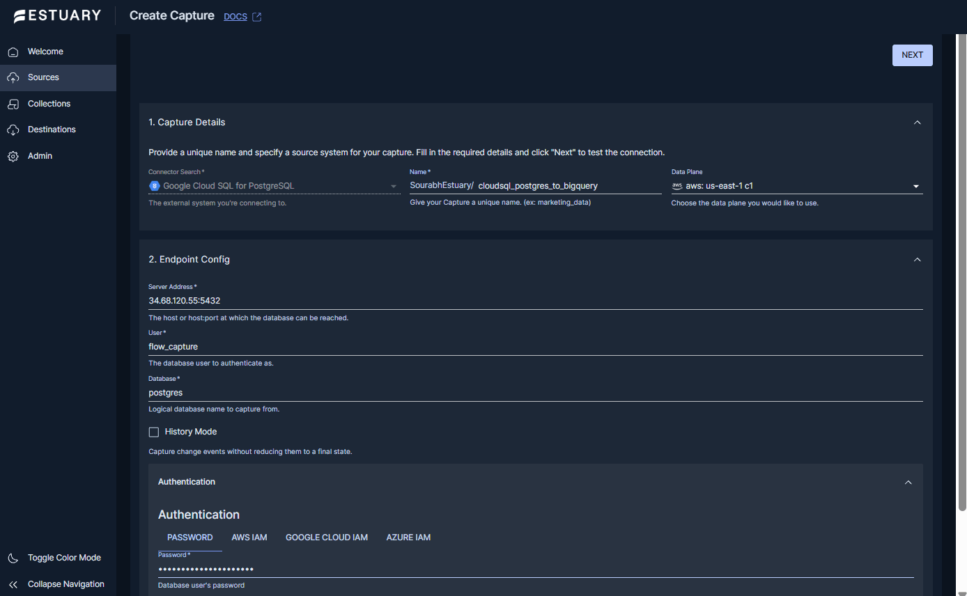 Estuary Cloud SQL PostgreSQL capture configuration screen