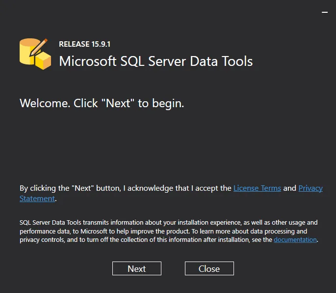 SQL Server Integration Services - SQL Server data tools start page