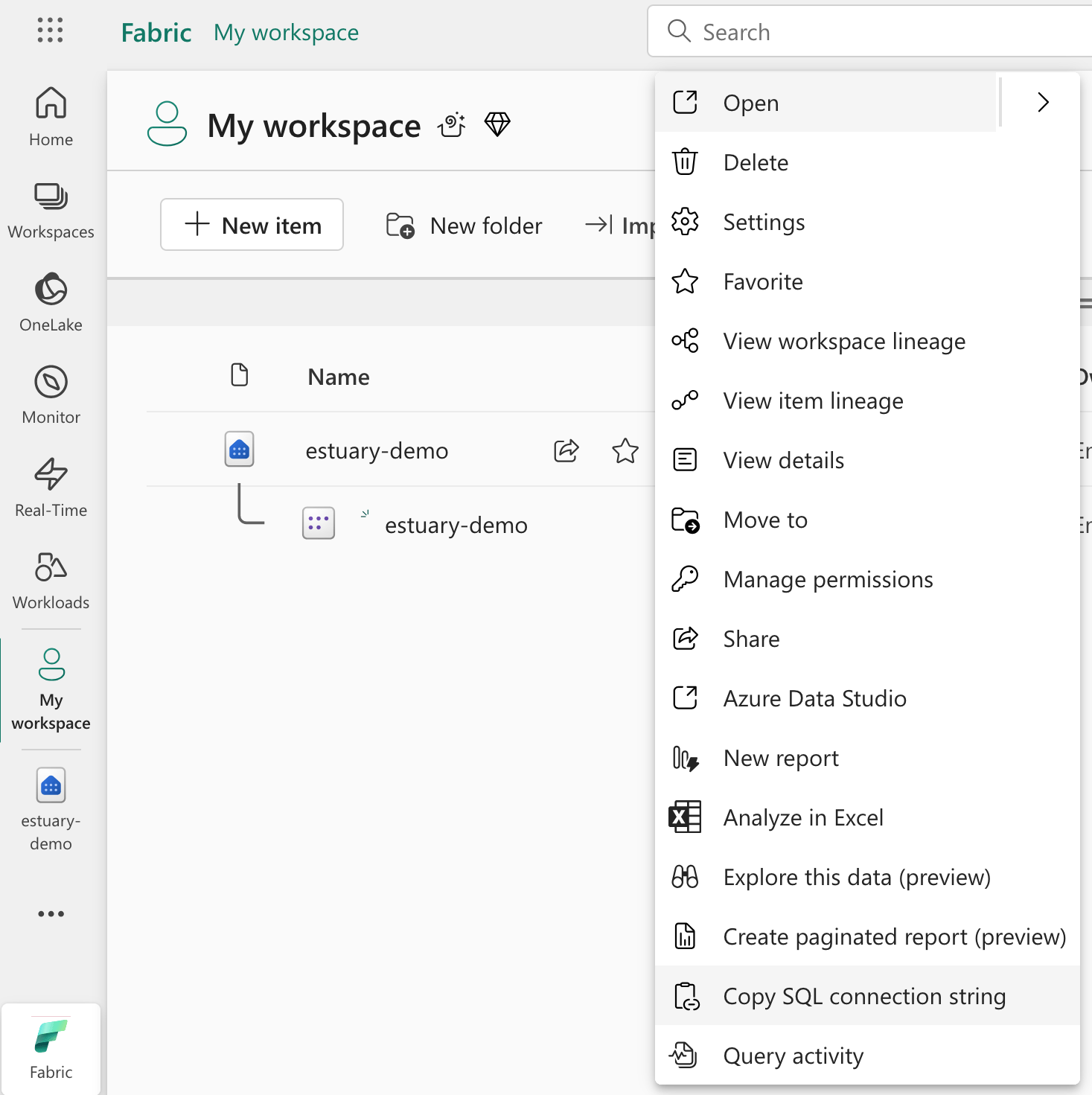 Fabric warehouse “More Options” menu