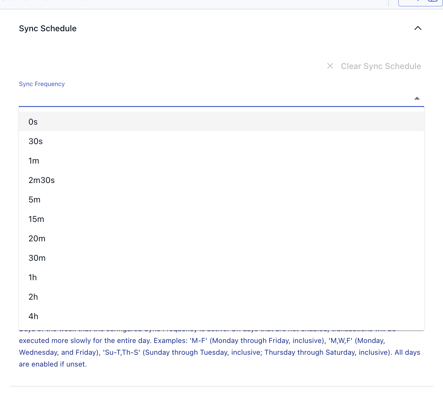 Databricks Sync Schedule section with the Sync Frequency dropdown open.