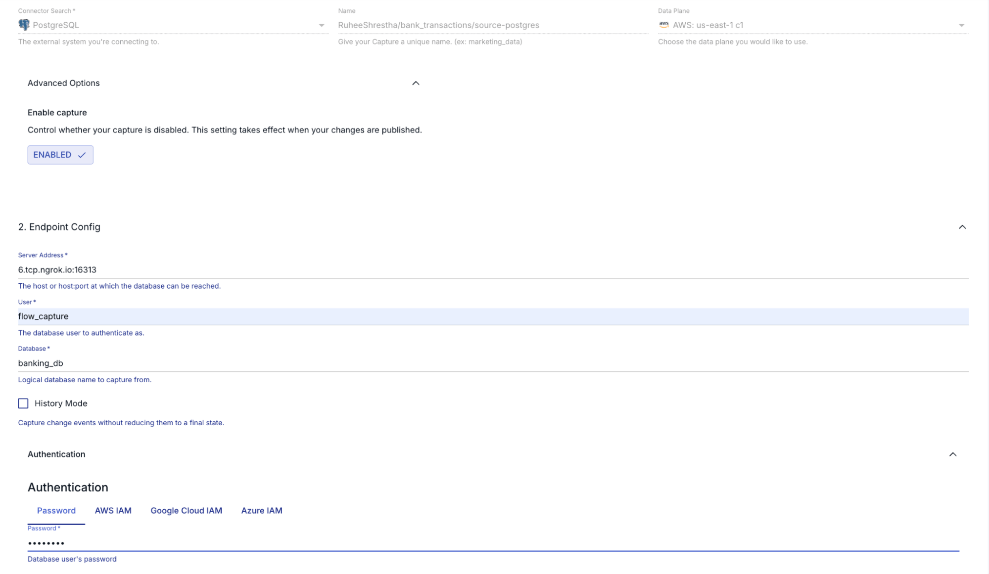 Estuary PostgreSQL CDC capture configuration for the banking database