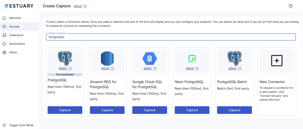 Postgres to Iceberg - Estuary Postgres Search connector page