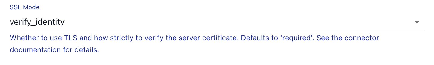 MySQL capture Advanced Options with SSL Mode set to verify_identity.