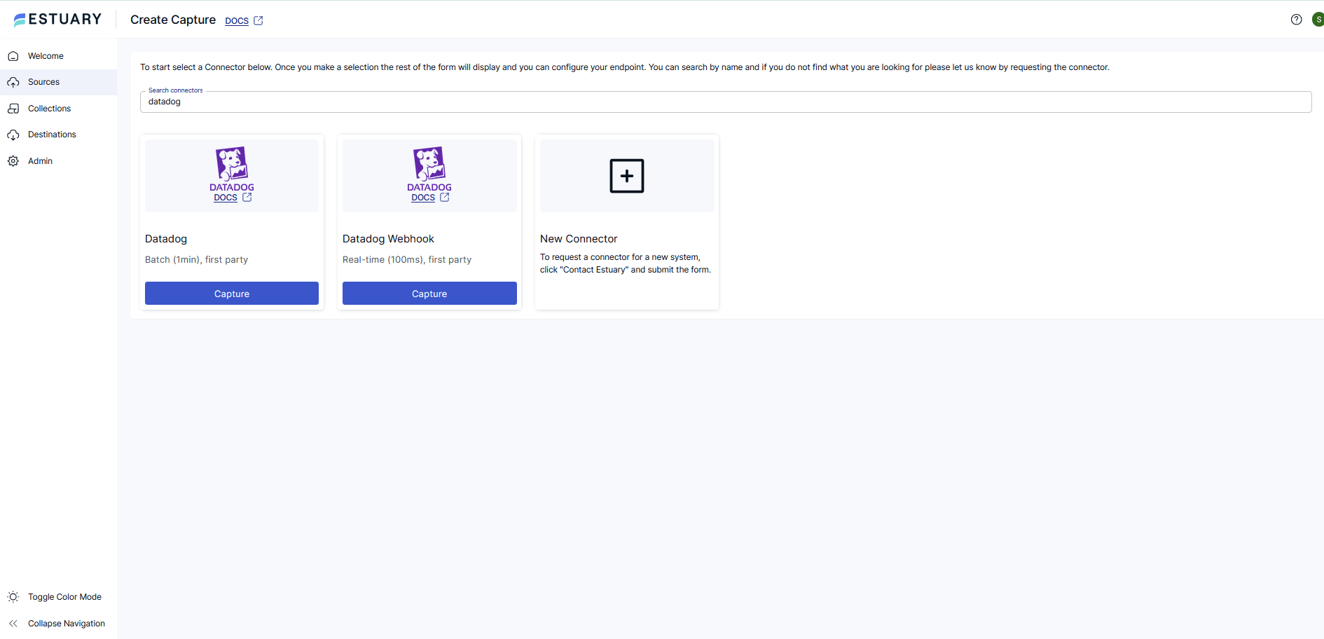 Datadog source connectors in Estuary: API and webhook