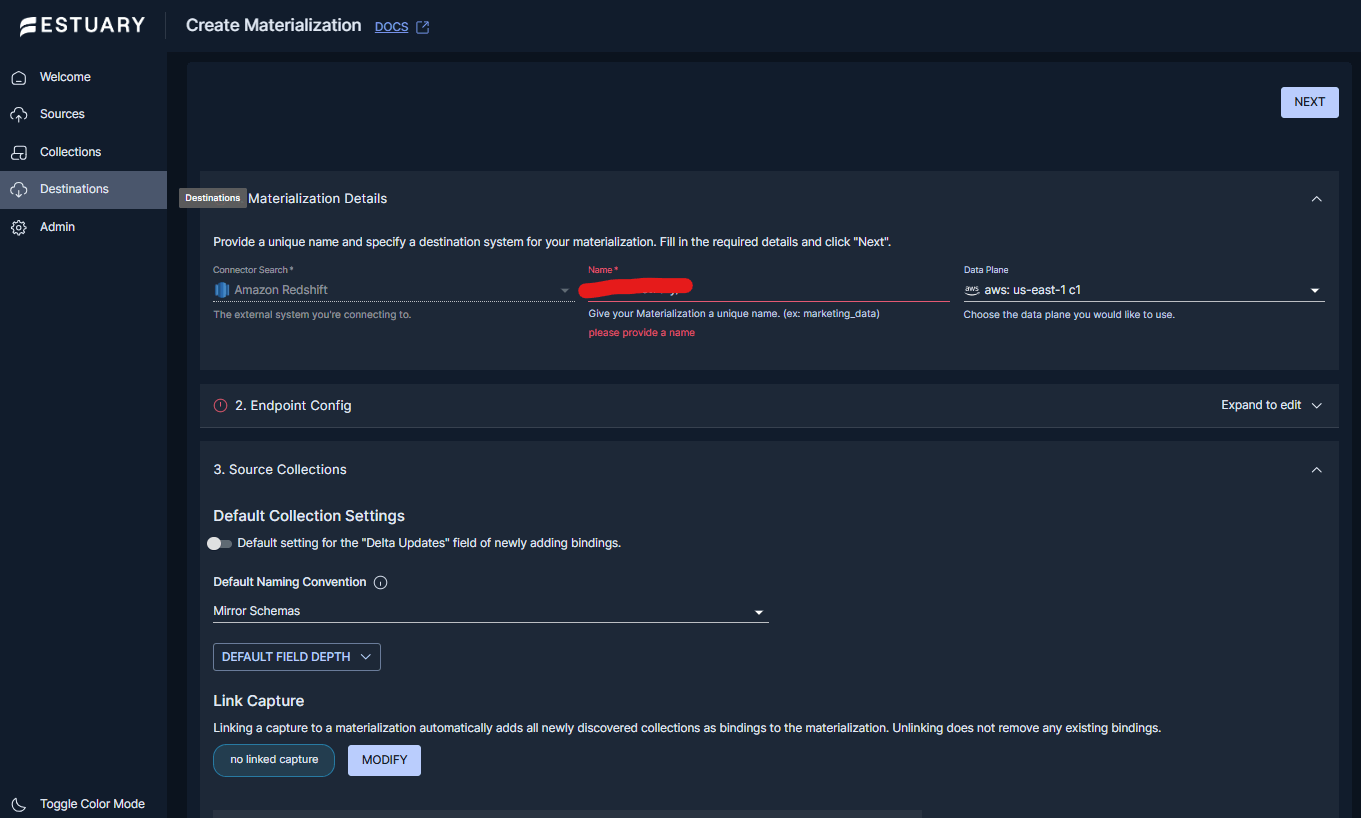 configure Redshift materialization
