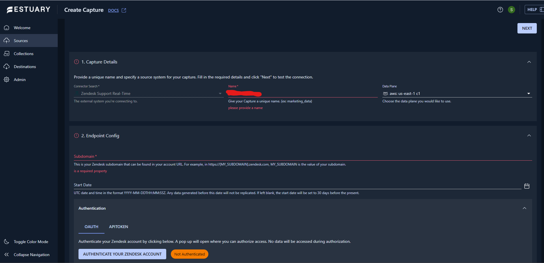Zendesk Support data capture configuration