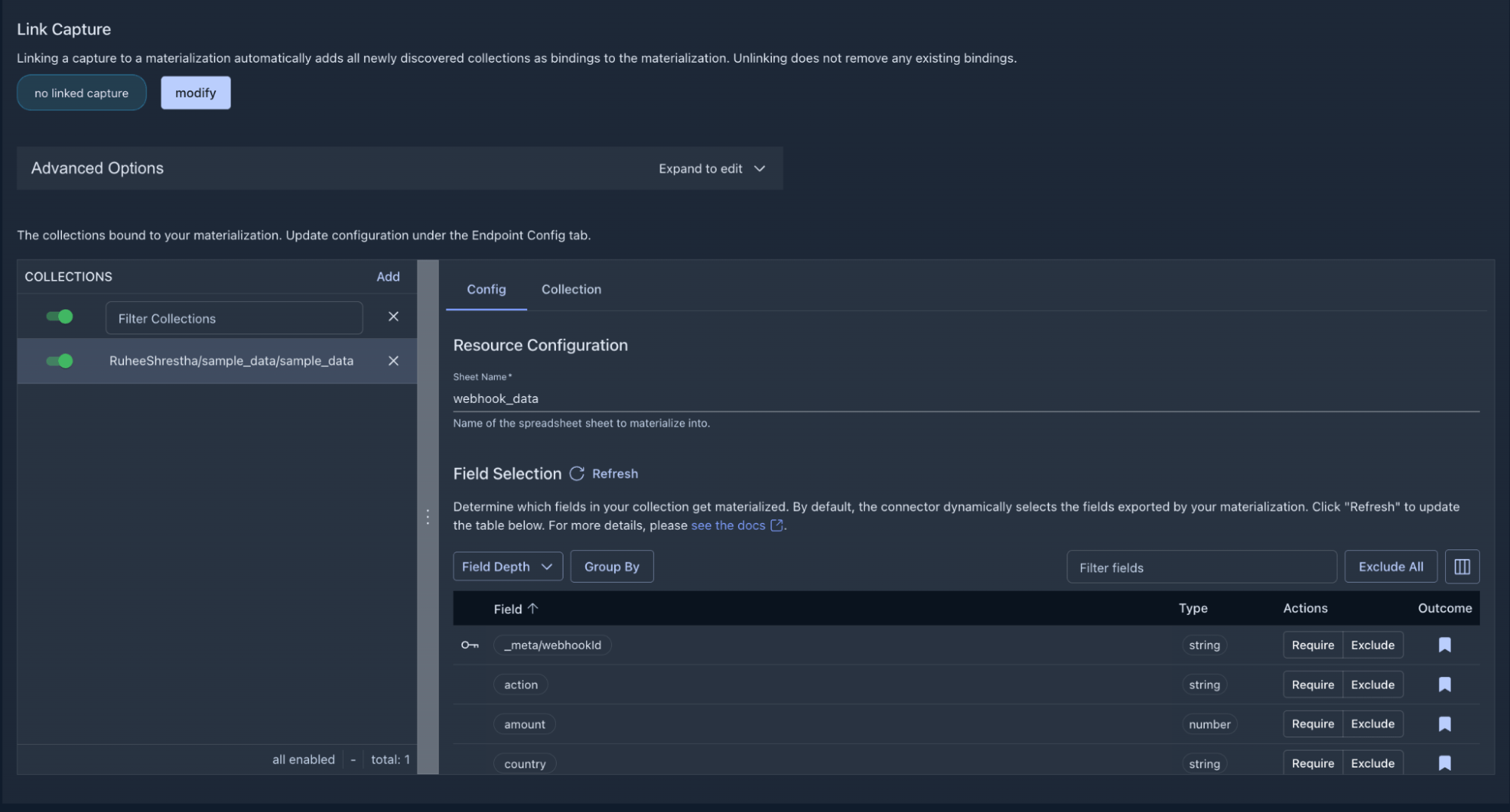 Google Sheets materialization configuration in Estuary
