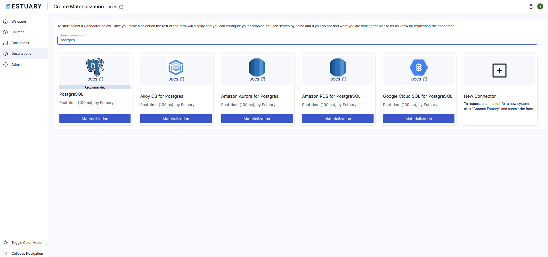 Postgres destination options for materialization using Estuary