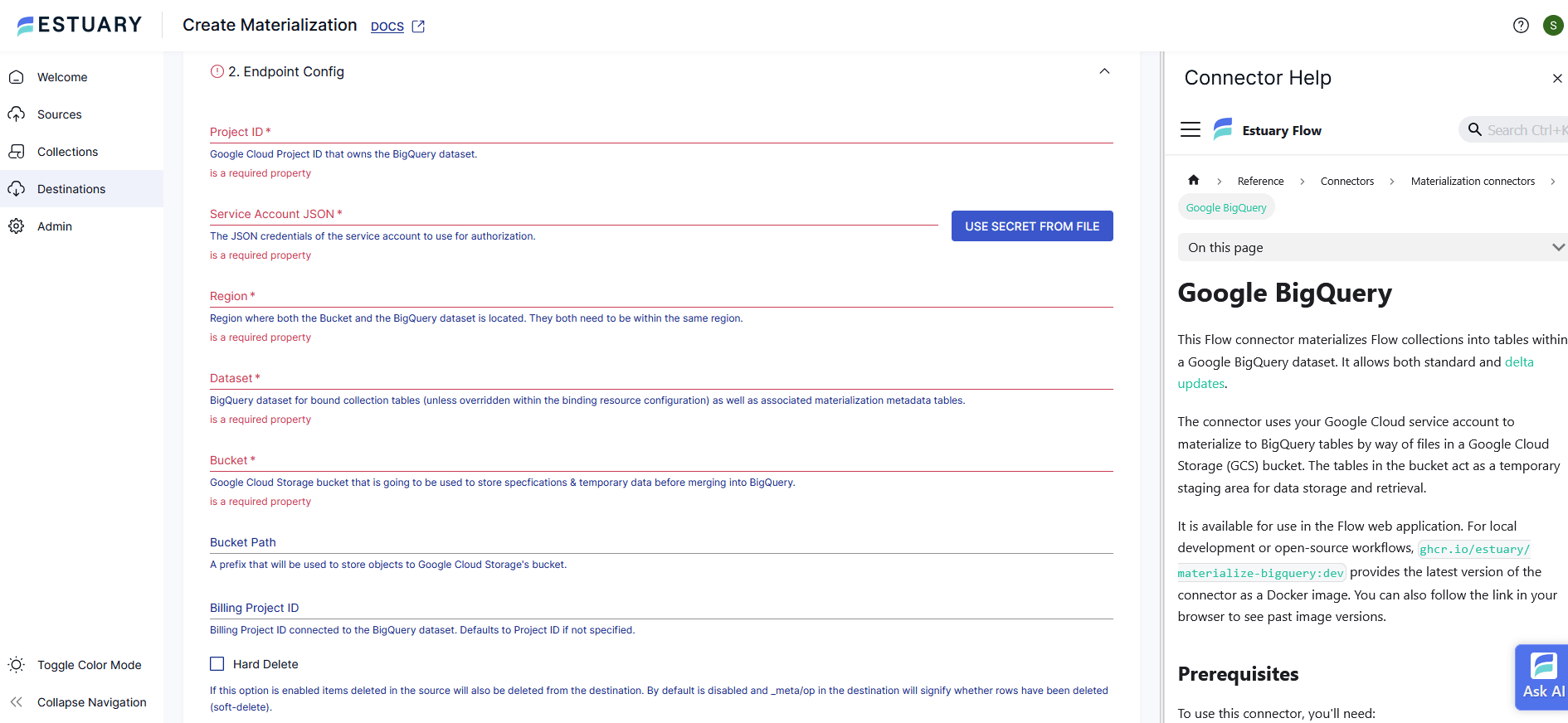BigQuery endpoint configuration form