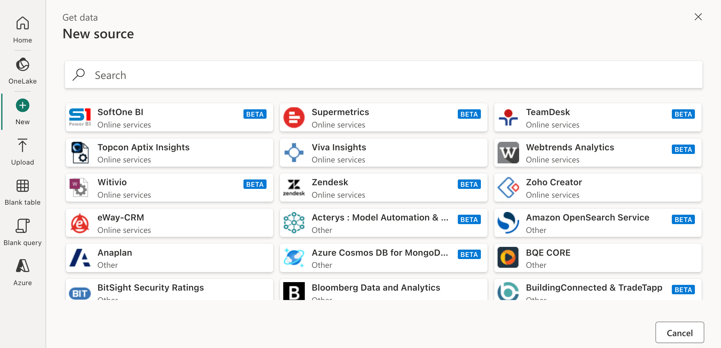 Fabric dashboard showcasing connector options; many are in beta, including Zendesk, Azure Cosmos DB, and Amazon OpenSearch