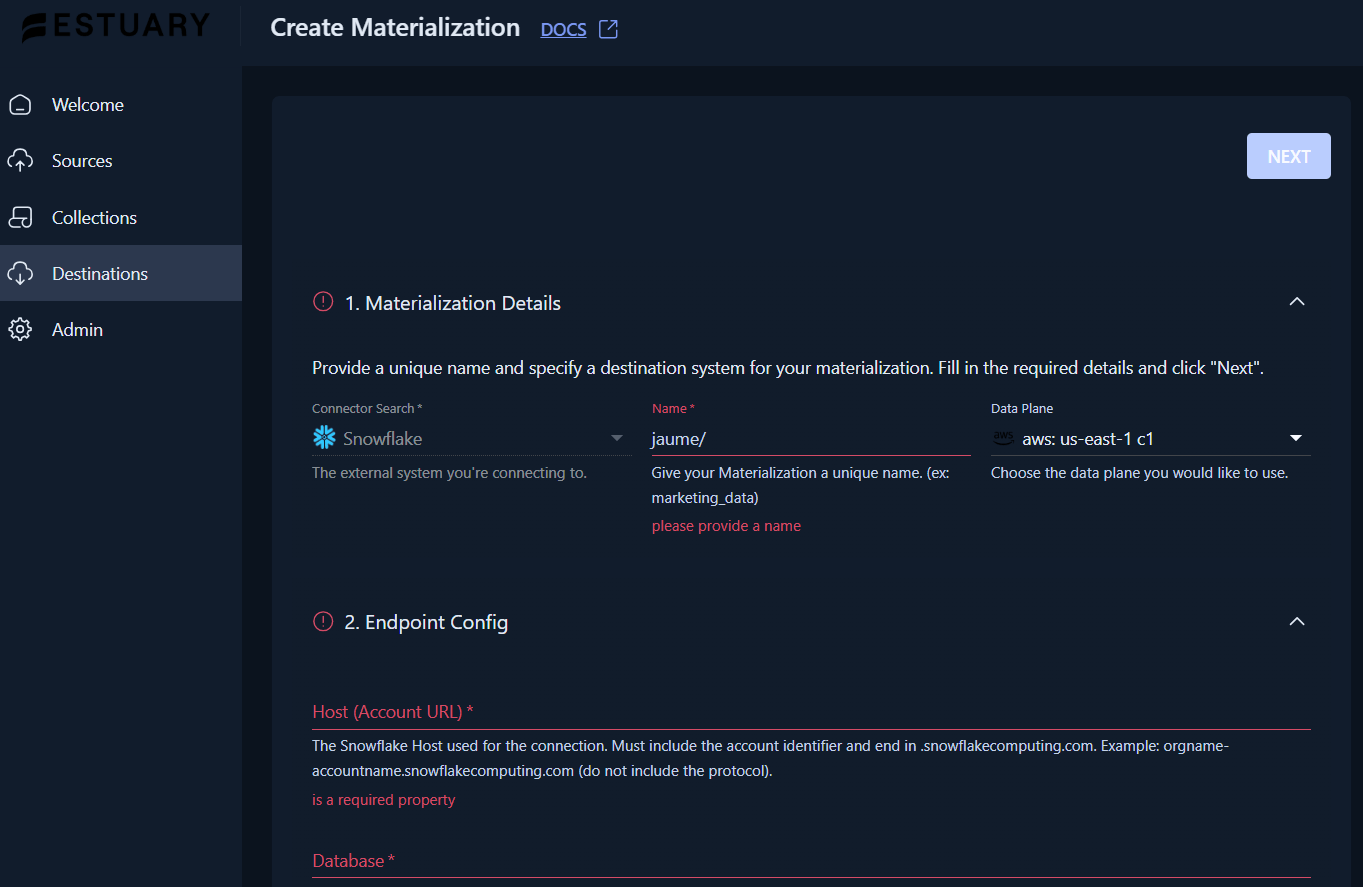The Estuary UI displays a Destination page for setting up a Snowflake materialization.