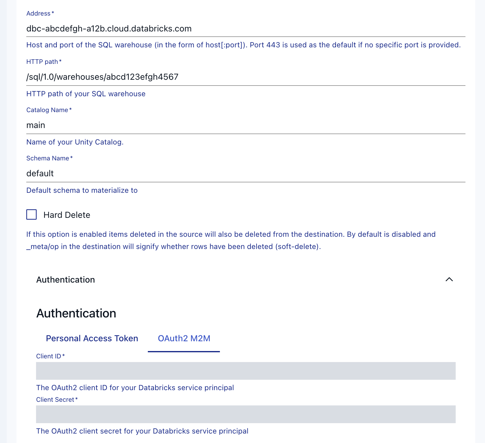Databricks endpoint form with OAuth2 M2M selected and secrets redacted.