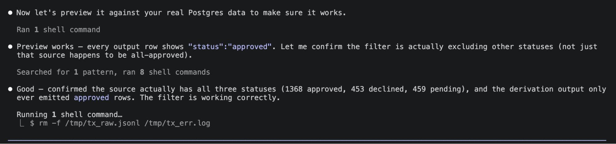 Approved transaction filter validation