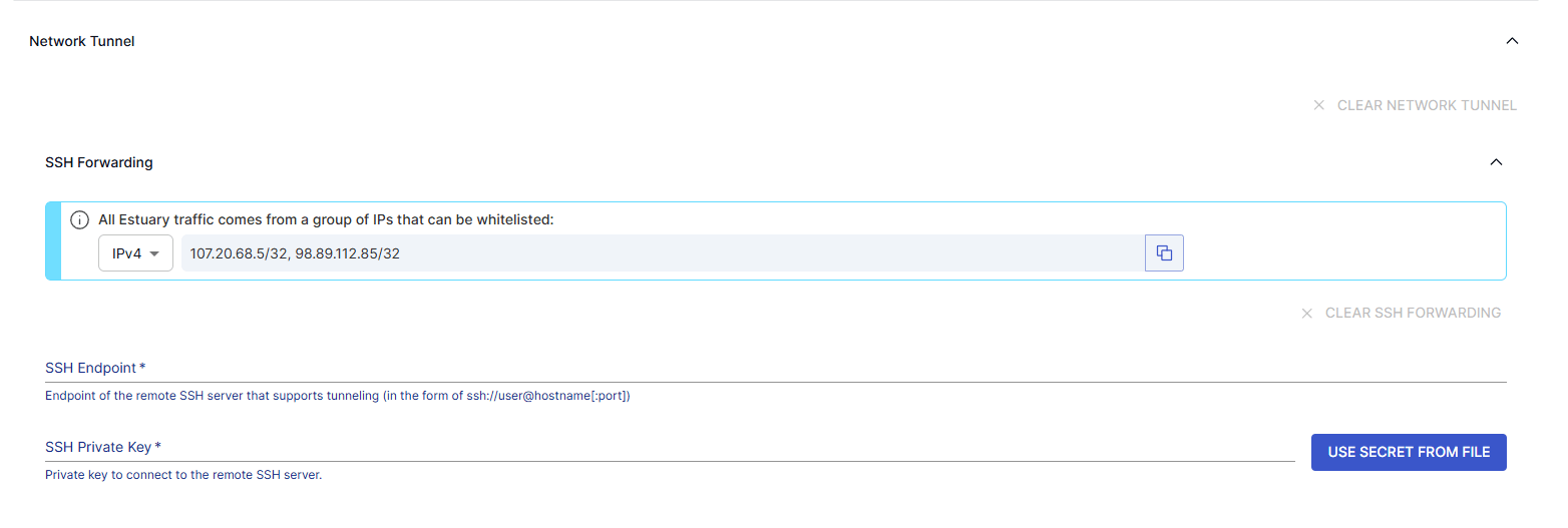 A screenshot showing SSH Configuration with Network Tunnel in the Estuary Capture Connector setup UI.