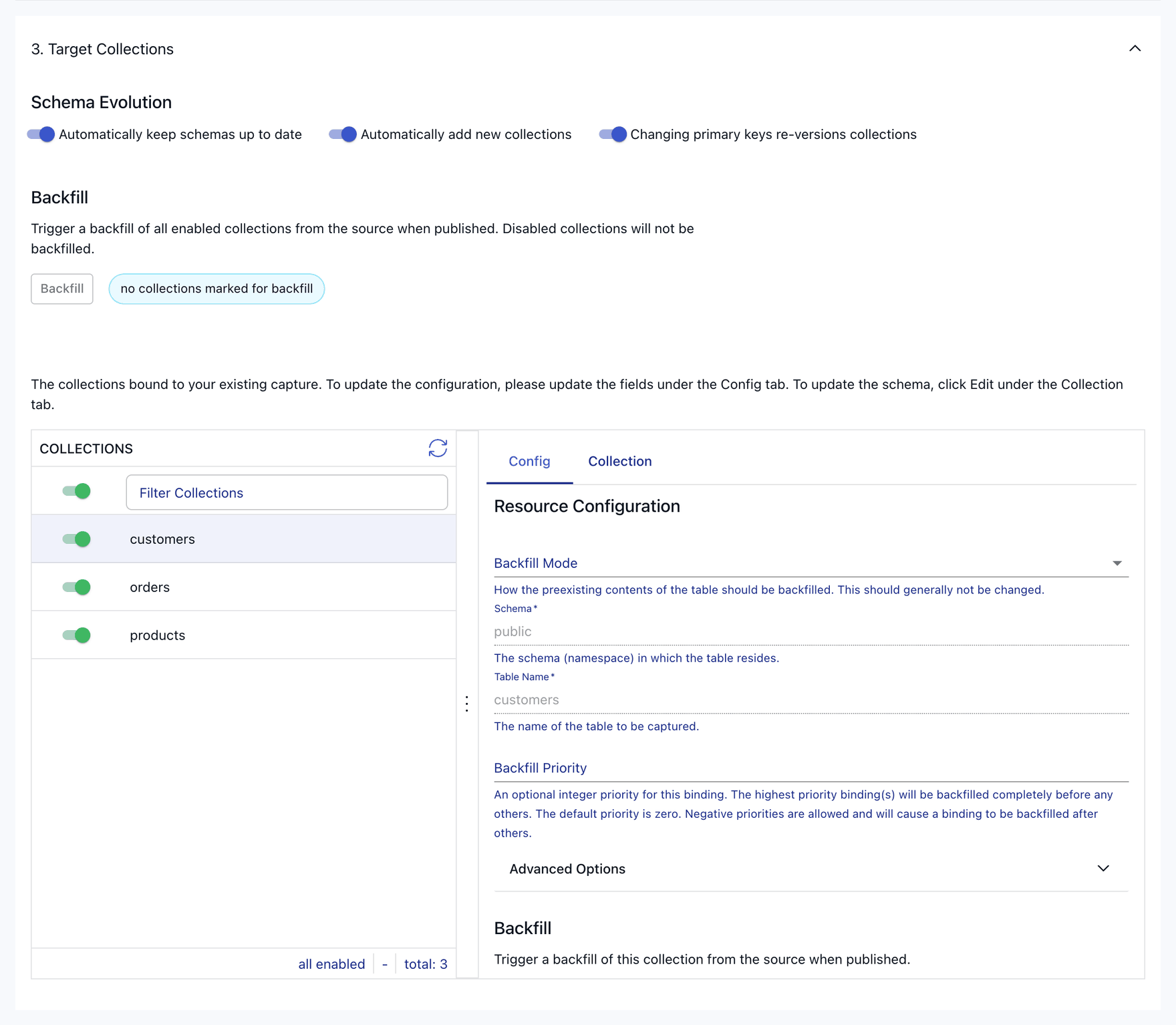 PostgreSQL capture collections with schema evolution toggles on and Backfill Priority visible.