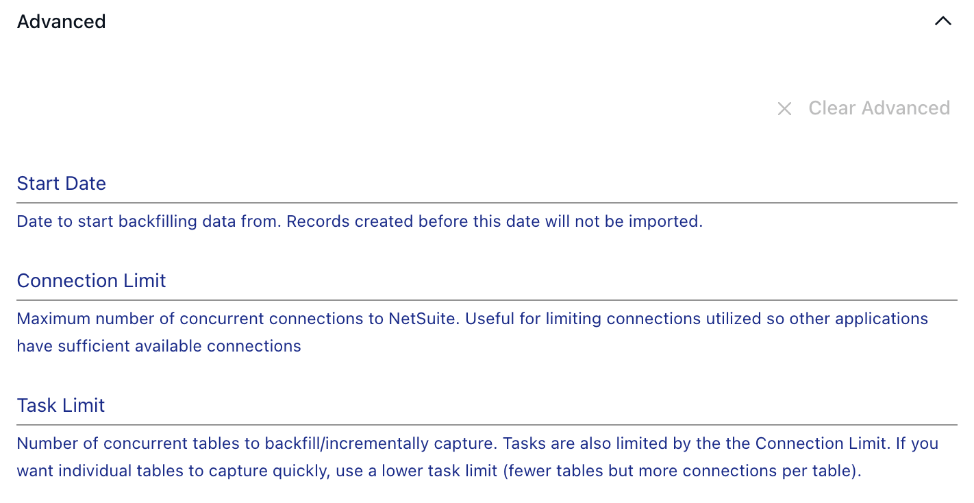 NetSuite Advanced options: Start Date, Connection Limit and Task Limit.