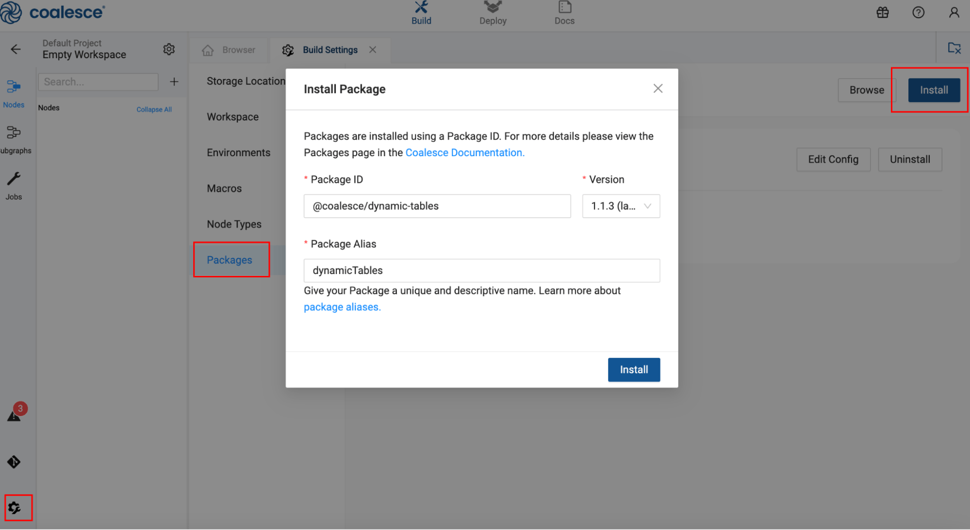 Coalesce package installation dialog for adding the dynamic tables package