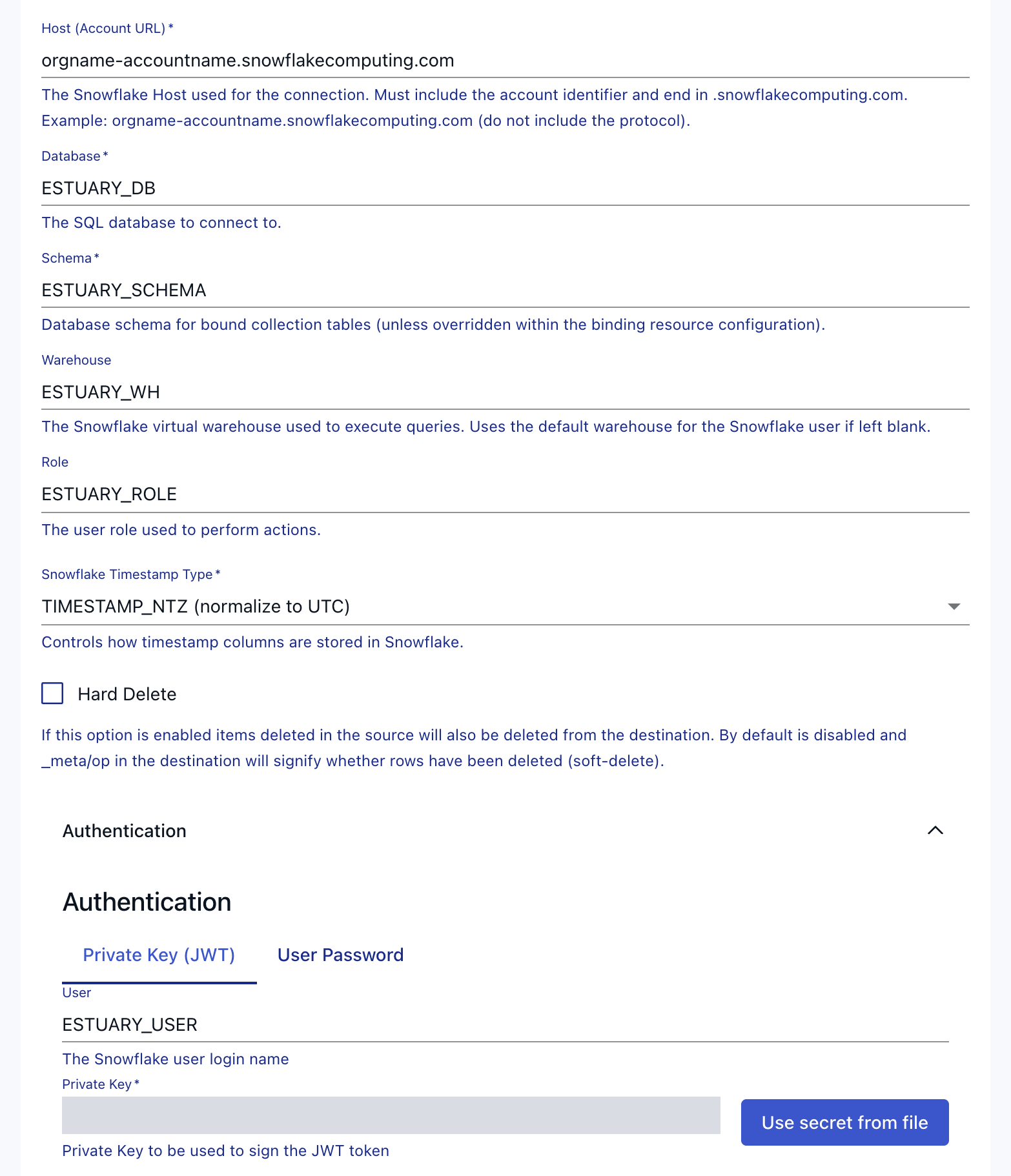 Snowflake endpoint form with connection fields, Timestamp Type and a redacted private key.