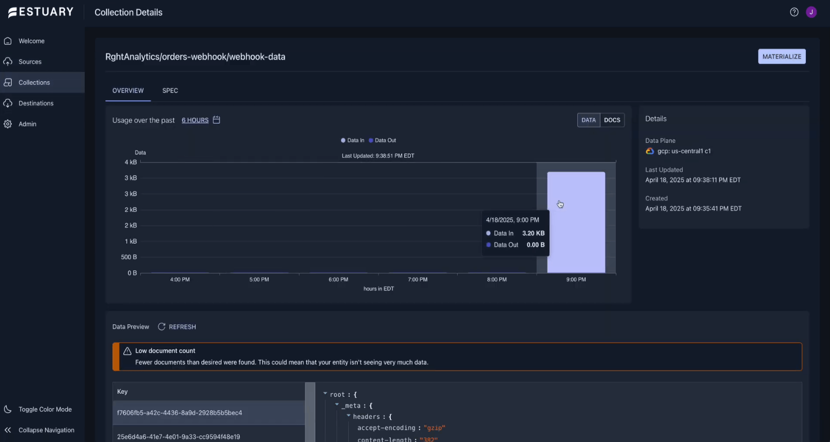 Estuary Flow collection receiving webhook data