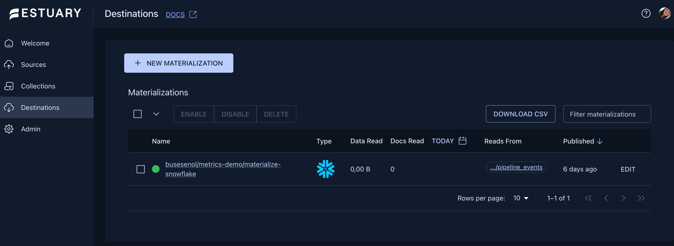 A screengrab of the Estuary UI, showing a completed Materialization. On the left sidebar, Destinations is highlighted. A green circle appears next to the name of the completed materialization.