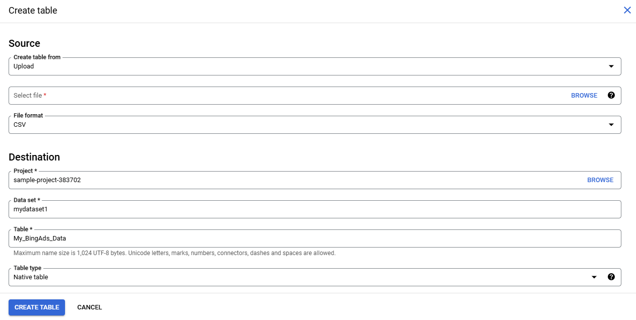 Bing ads to bigquery - create table details