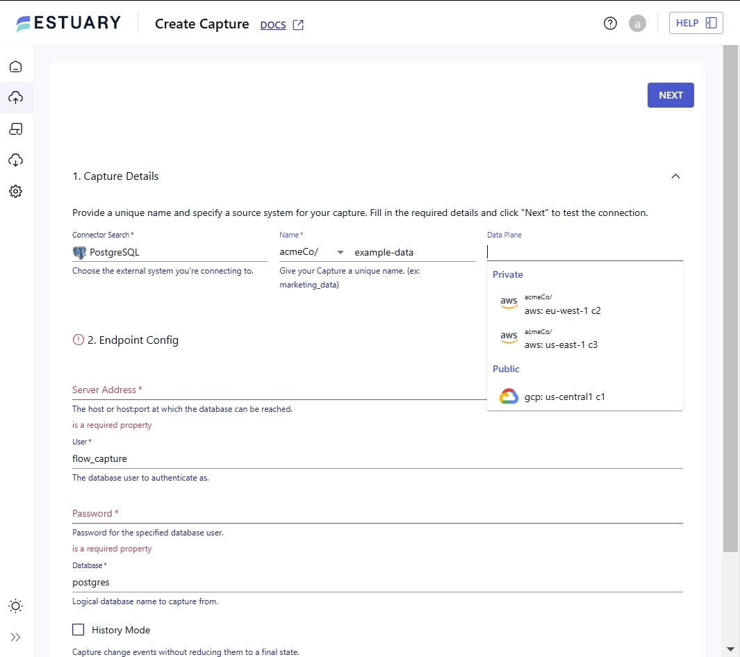 Data plane dropdown showcasing private and public data planes