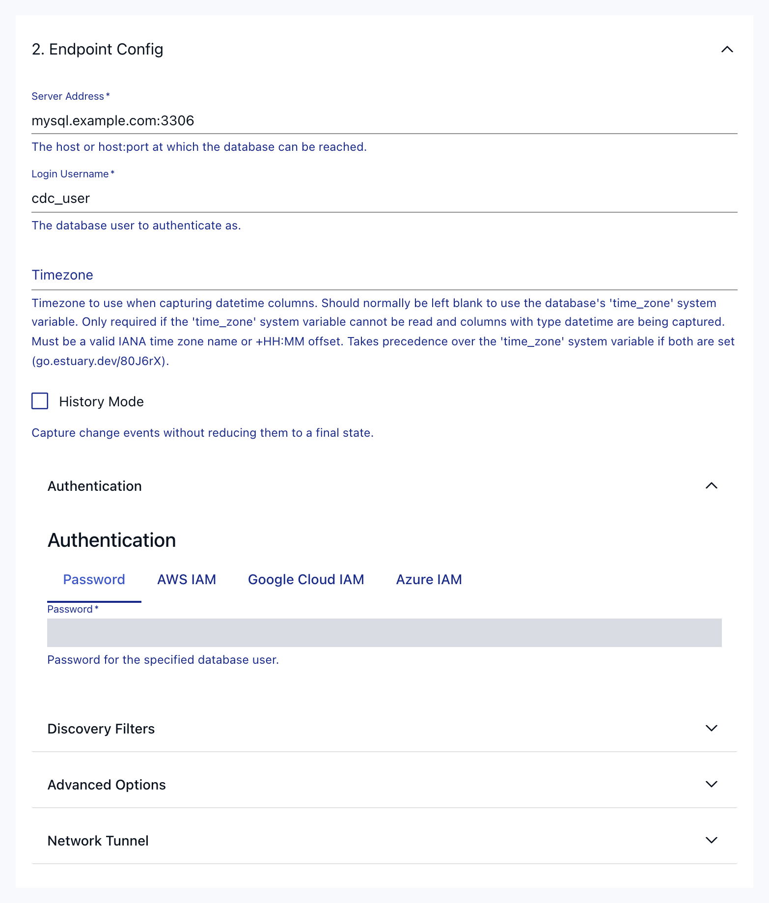 MySQL capture form with Server Address, Login Username and Password filled in.