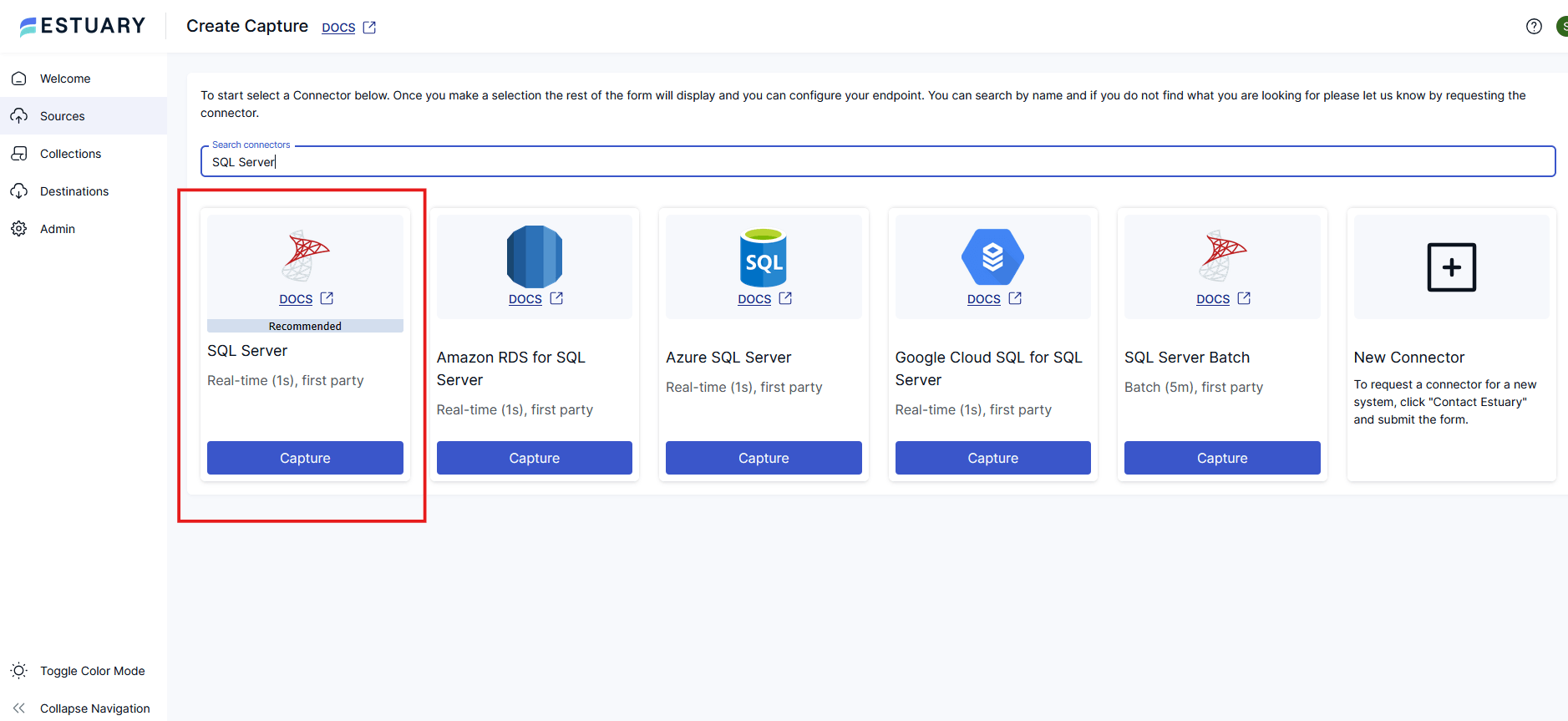 SQL Server source options in Estuary - self-hosted, Azure, Amazon, and Google