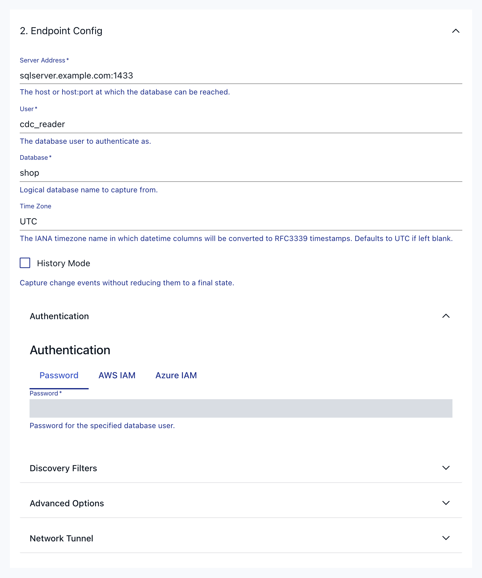 SQL Server CDC capture form with endpoint fields filled in and Password selected.